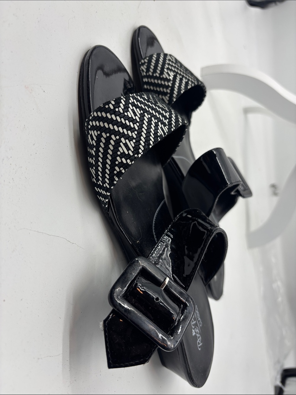 Patent Black Wide-Strap Block Heel Sandals with Woven Detail